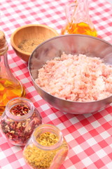 Minced fish in the bowl and spices
