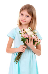 Beautiful little girl holding bouquet isolated on white