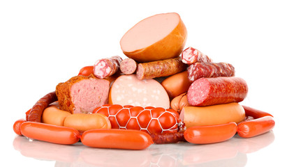 Lot of different sausages isolated on white