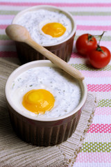 Baked eggs close up
