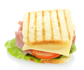Tasty sandwich with ham, isolated on white