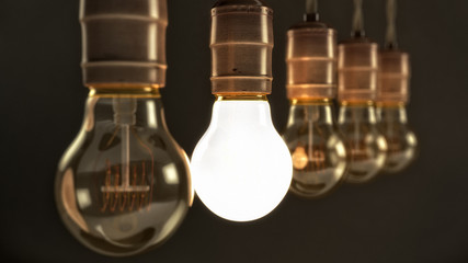 Fototapeta na wymiar Vintage Incandescent Light Bulbs with one Illuminated