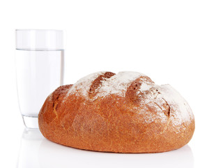 Rye bread and glass of water isolated on white
