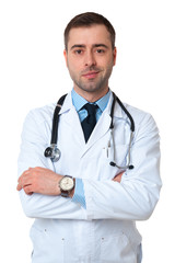 Smiling male doctor with stethoscope around his neck looking at