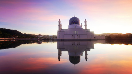 mirror reflection of the majestic mosque in kota kinabalu sabah