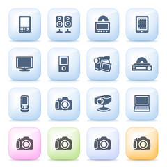 Electronics icons on color buttons.