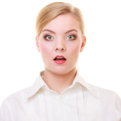 Surprised astonished business woman face over white