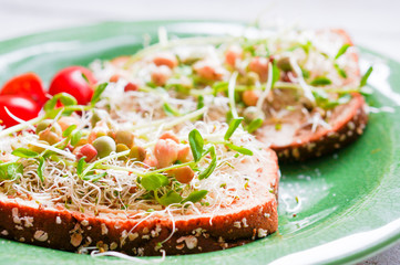 Healthy vegetarian sandwich with whole grain bread,alfalfa,hummu