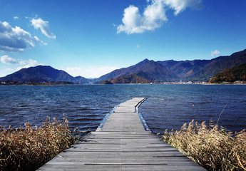 Wooden path to lake