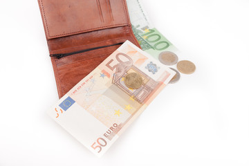 Brown wallet with EU money
