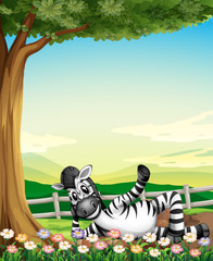 Obraz na płótnie Canvas A smiling zebra under the tree near the flowers