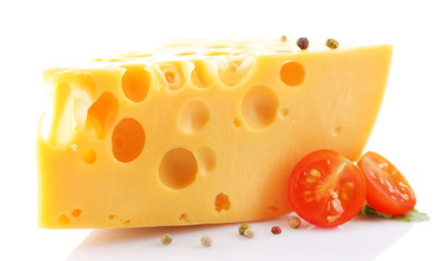 Piece of cheese and tomatoes, isolated on white