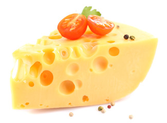 Piece of cheese and tomatoes, isolated on white