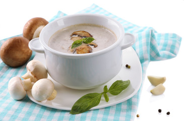 Mushroom soup in white pot, on napkin, isolated on white