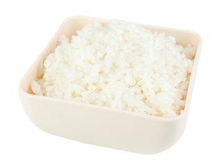 Cooked rice in bowl isolated on white