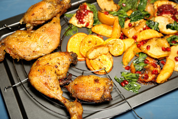 Homemade fried chicken drumsticks with vegetables