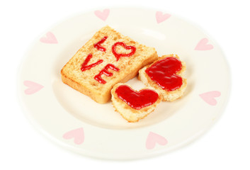 Delicious toast with jam on plate isolated on white