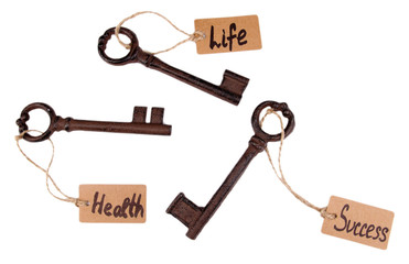 Keys to happiness, Conceptual photo. Isolated on white