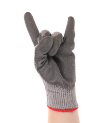 Hand shows rock sign in rubber glove.