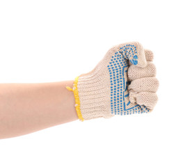 Strong male worker hand glove clenching fist.