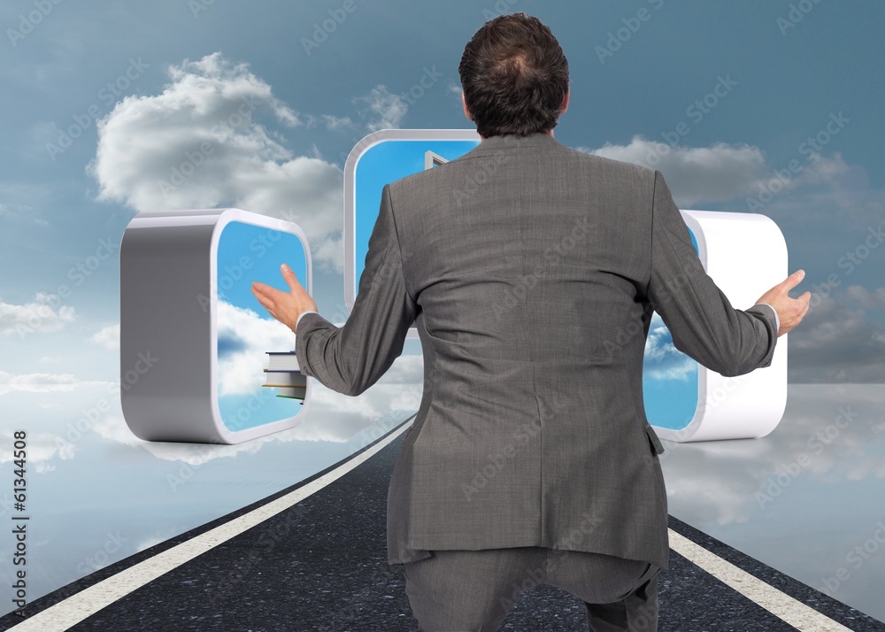 Poster composite image of businessman posing with hands out