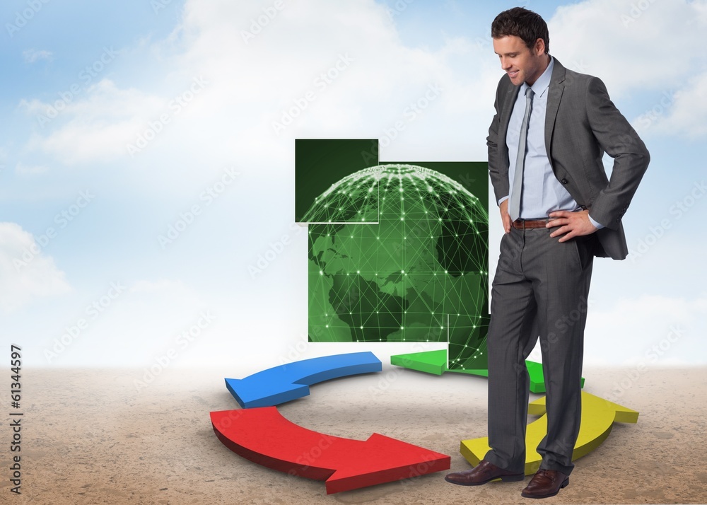 Poster composite image of smiling businessman with hands on hips
