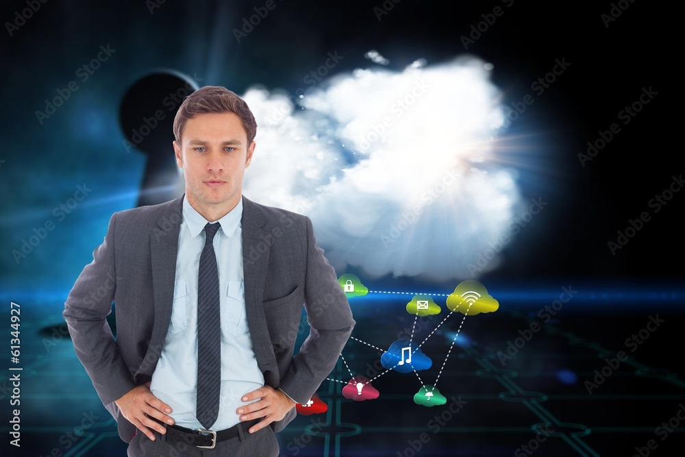 Poster composite image of serious businessman standing with hands on