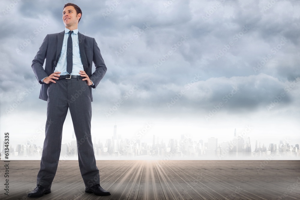 Poster composite image of happy businessman with hands on hips