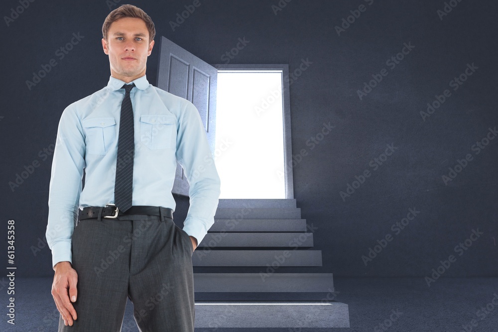 Poster composite image of serious businessman standing with hand in