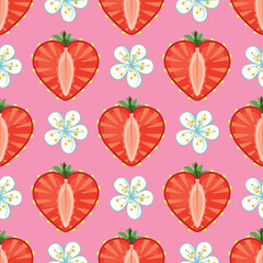Heart of strawberry berries and flowers in seamless pattern
