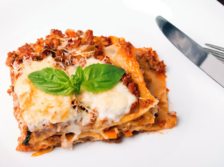 Tasty lasagna on white plate