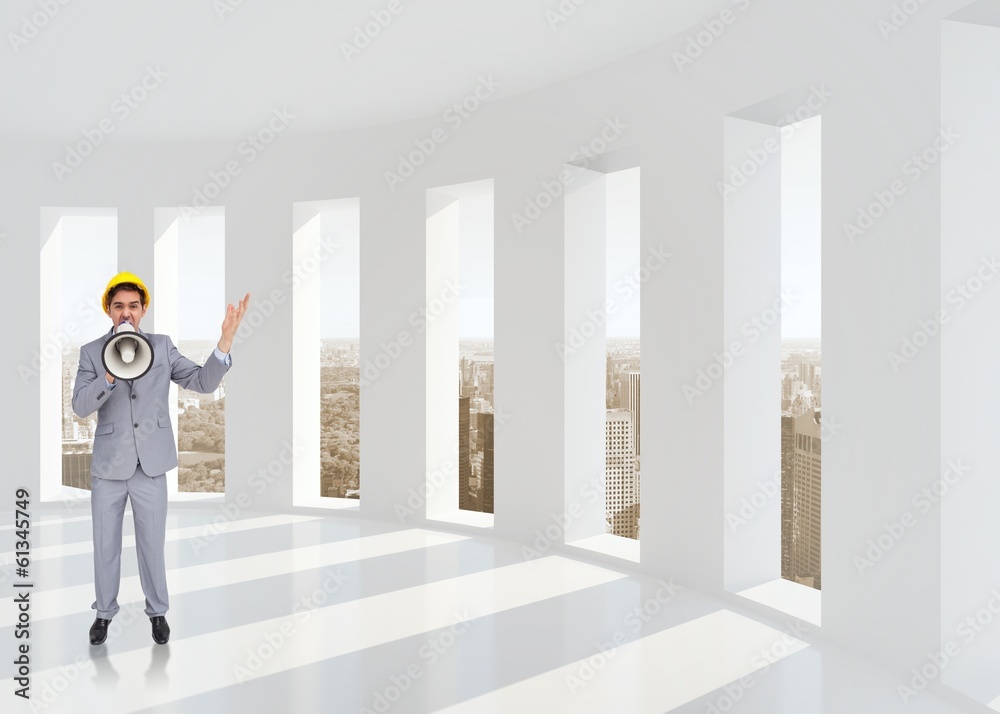 Poster Composite image of architect with hard hat shouting with a