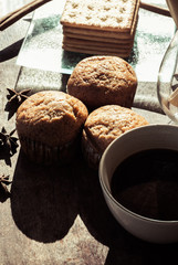 Breadsticks ,Banana cake and Biscuits with black coffee in the m