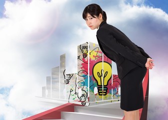 Composite image of serious businesswoman bending