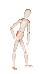 Joint pain at wooden mannequin isolated on white