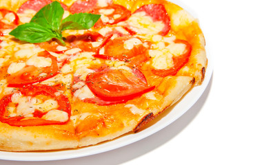 Pizza with salami, cheese and tomato, fast food on plate