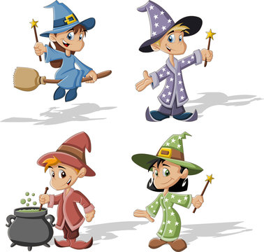 Cartoon wizard boys and witch girls. Halloween costume.
