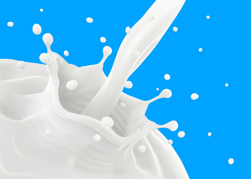 Pouring milk, making ripples and splashing on blue background.