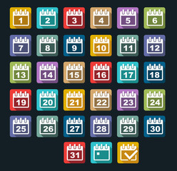 Calendar Day icons set with long shadow
