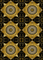 Black background of gold rhombus with gold flowers