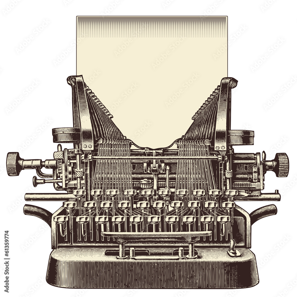 Fototapete front view of a vintage typewriter with a blank sheet of paper