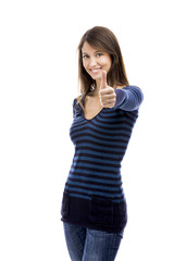 Beautiful woman with thumbs up isolated over a white background