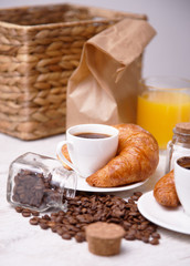 Coffee beans and breakfast setting