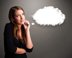 Obraz premium Pretty lady thinking about cloud speech or thought bubble with c
