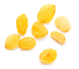 Golden raisins on a white background
