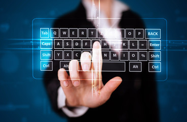 Girl pressing virtual type of keyboard