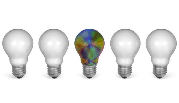 One multicolored light bulb in row of white ones. Front view