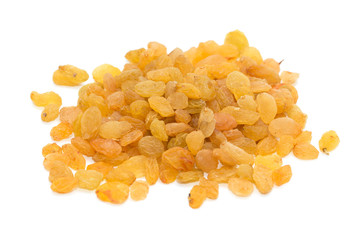 Golden raisins on a white background
