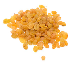 Golden raisins on a white background