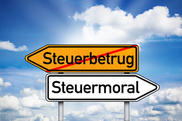 Fototapeta premium Wegweiser mit Steuerbetrug und Steuermoral
